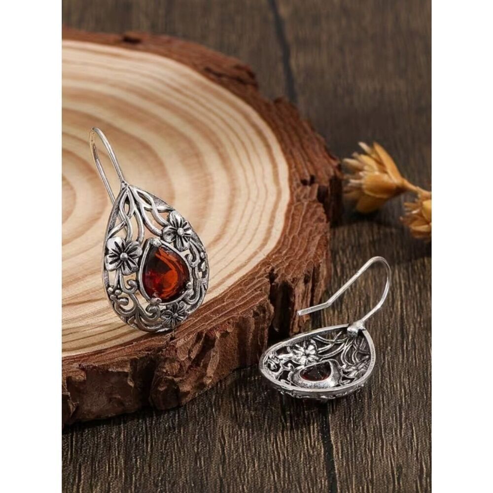 Ruby Vintage-Inspired Bohemian Filigree Earrings Hollowed Floral Design Teardrop - Picture 2 of 4